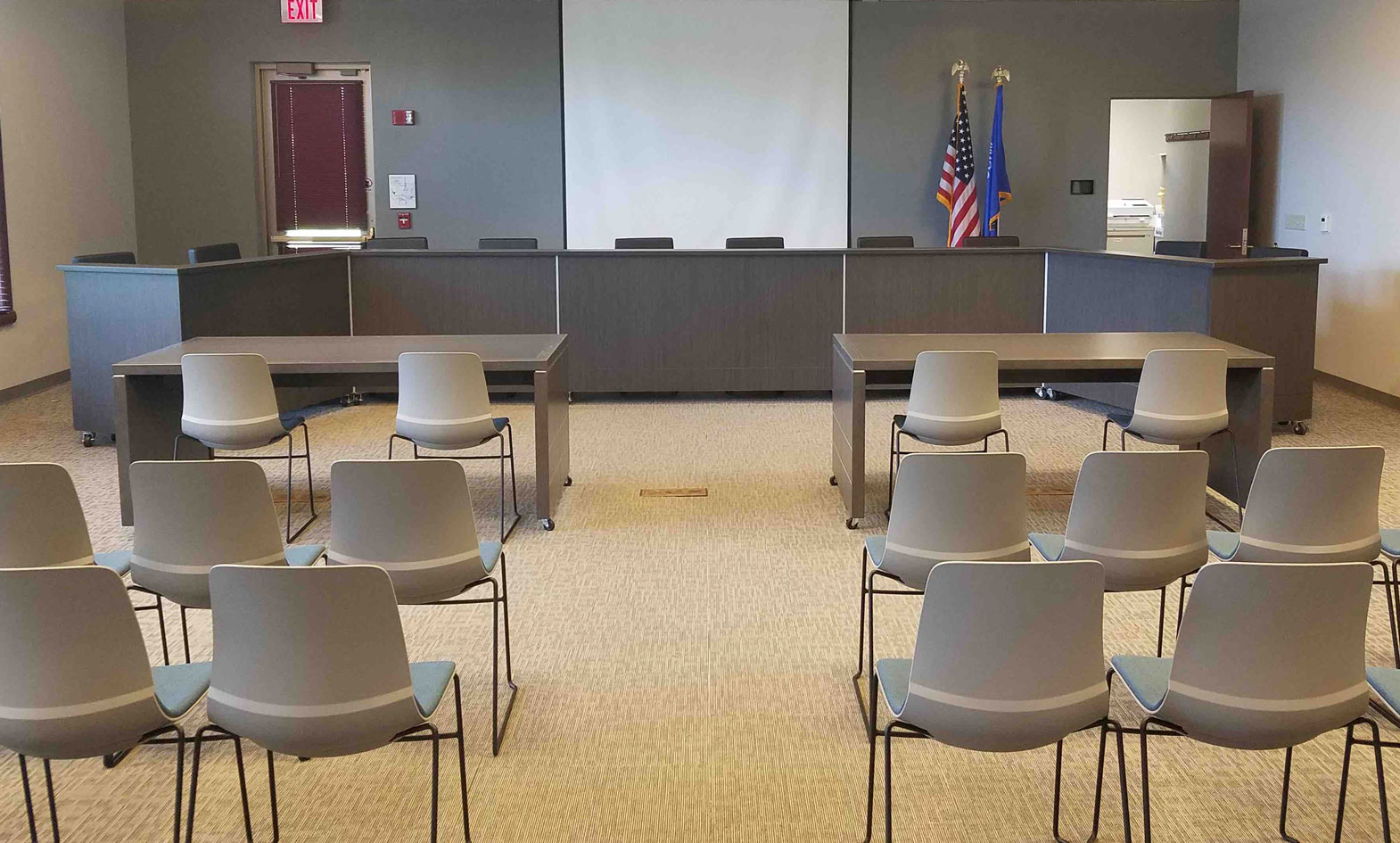 Courtroom Dais Custom Desk for Municipal Courthouse with attorney's tables on casters