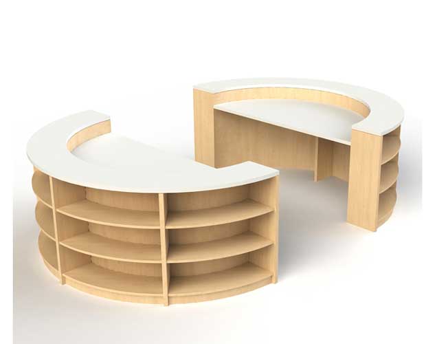 Curved Library Shelving with desk inside and shelves on outside