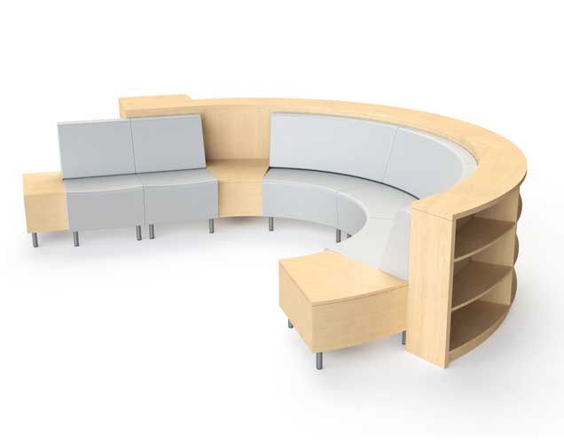 Curved Library Shelving with seating on inside and shelves on outside