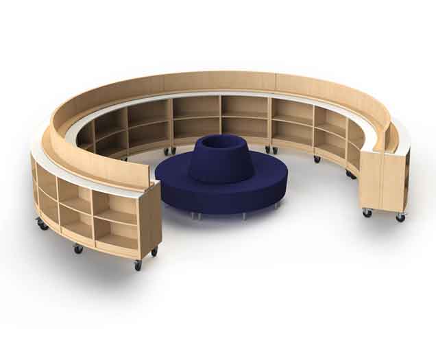 Curved library shelving with shelves on both sides and seating in center