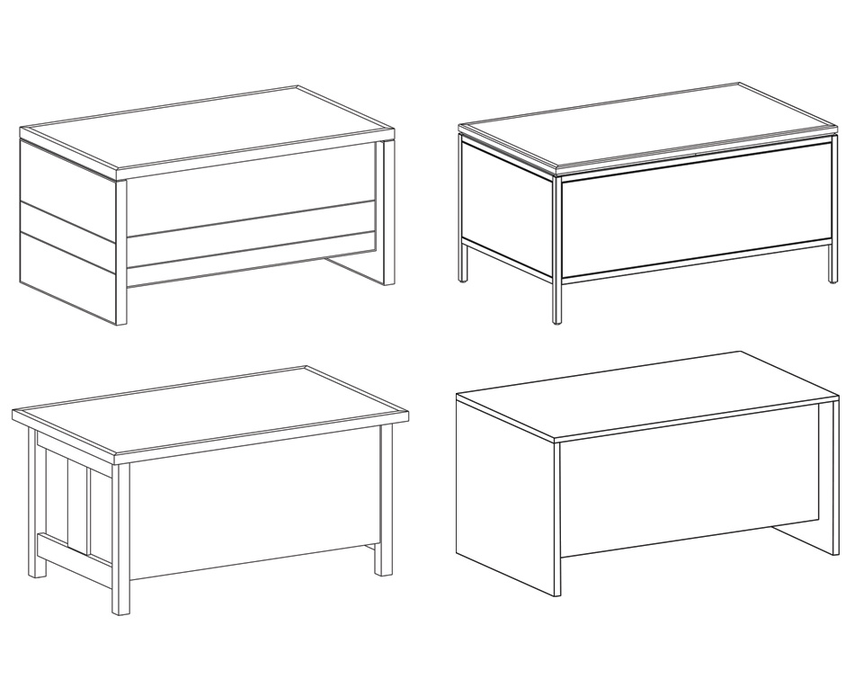 Four line drawings of attorney tables
