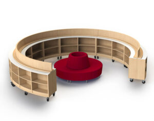 Curved Library Shelving with seating, shelves and bookcases for university libraries