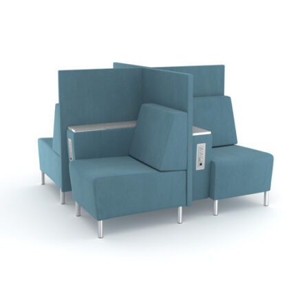 Pinwheel lounge seats with walls and stone table top arms