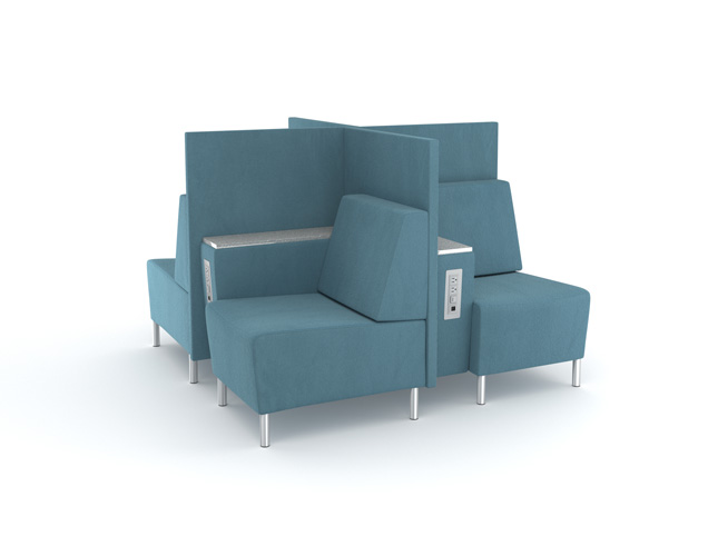 Pinwheel lounge seats with walls and stone table top arms