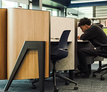 student working in contemporary cove carrel