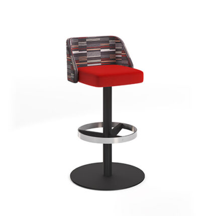 Altezza bar height stool, with black finish disc base, in two tone fabric by Agati furniture.