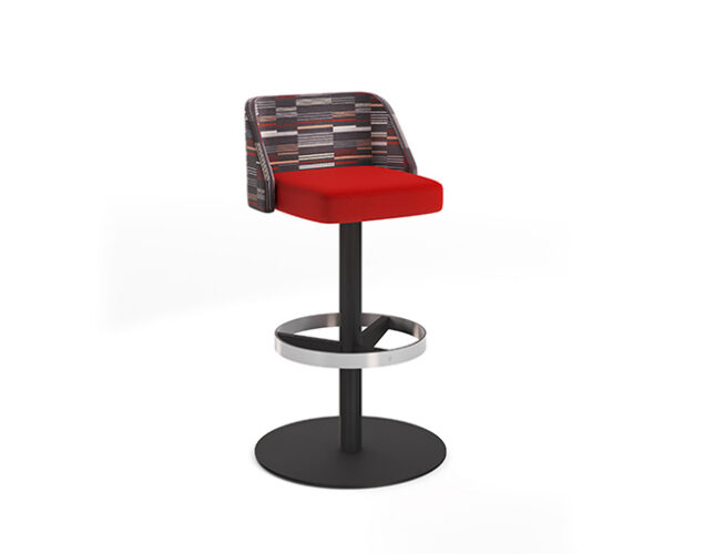 Altezza bar height stool, with black finish disc base, in two tone fabric by Agati furniture.