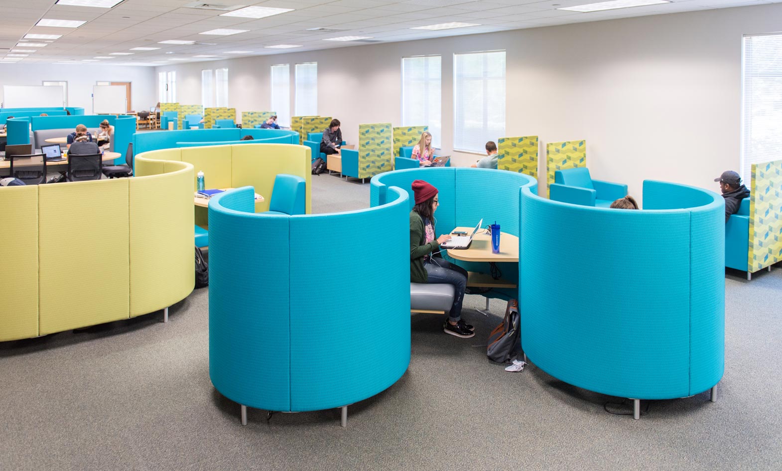 university library with study pods furniture