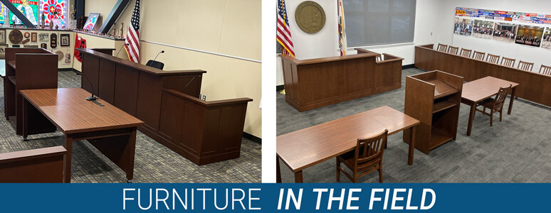 Courtroom furniture transforms classrooms