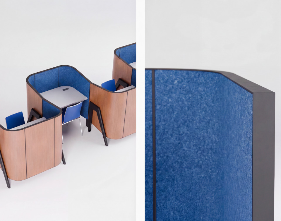 Cove carrels in serpentine arrangement. Close up of PET acousti material.