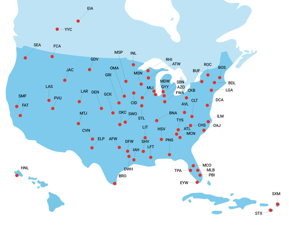 Map showing airports with AGATI furniture