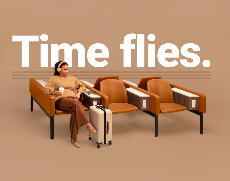 Woman sitting comfortable in high density airport seating