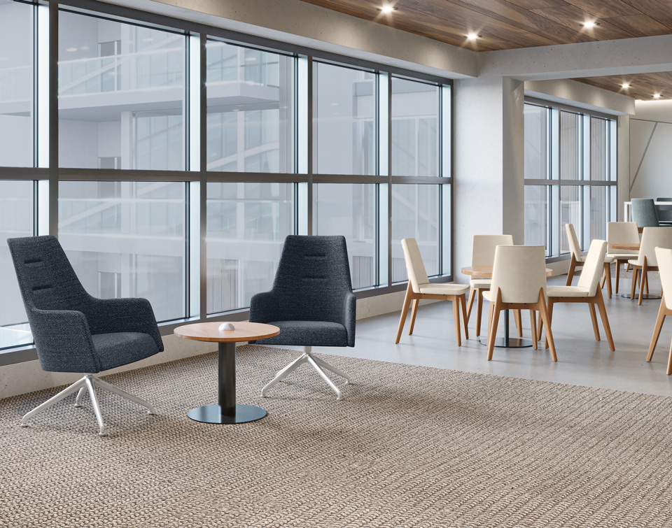 Matching dining chairs, lounge chairs, stools and tables for airport lounges, libraries and restaurants.