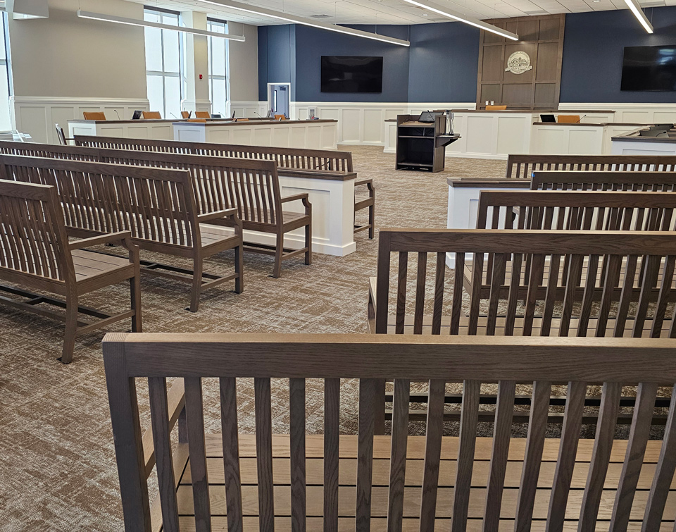 Courtroom benches and podium in White County Courtroom