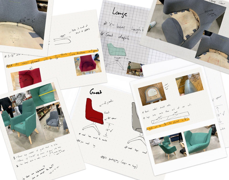 collage of Evolution of designing Etta lounge chairs