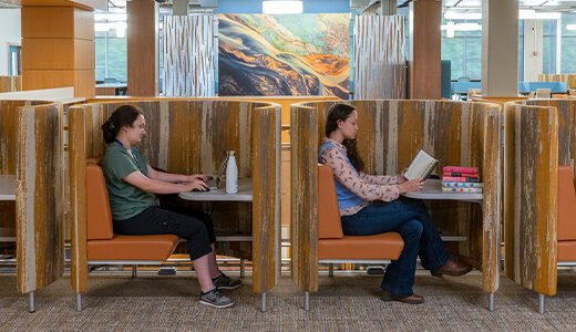 University students working inside AGATI study pods designed for quiet, focused study in a university library