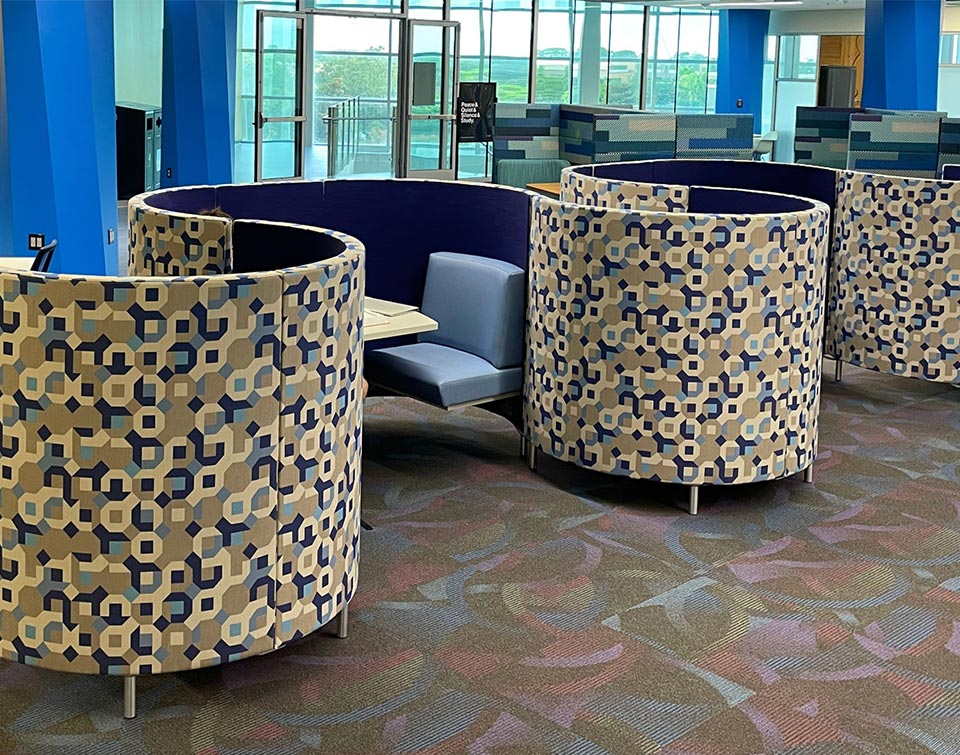 AGATI study pod installation with Single and Duo models arranged to provide privacy and refuge for students