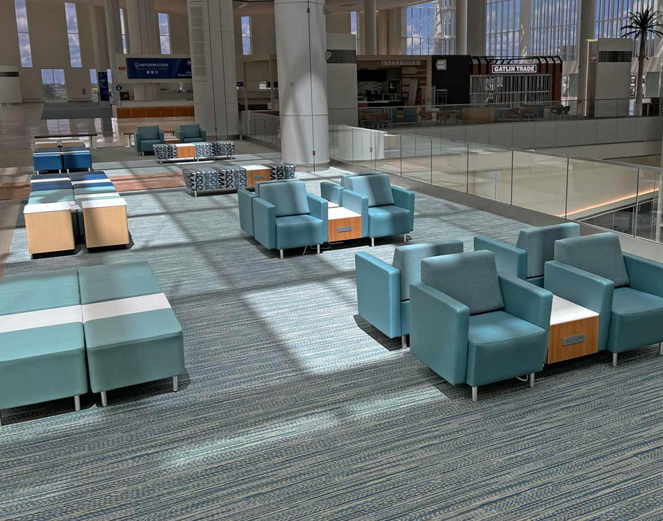 Agati's durable airport furniture like this lounge seating with powered tables provide long lasting value in airport environments