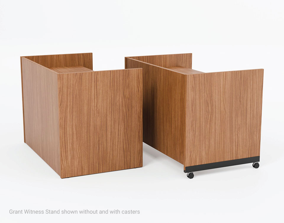 Grant witness stand shown with and without casters for easy movement