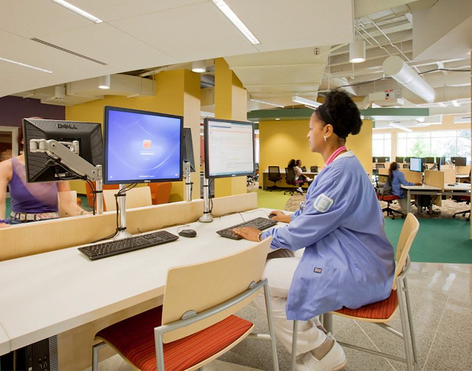 Learning commons at Atlanta Technical College featuring Agati's computer workstations