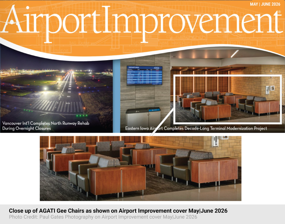 Airport Improvement Magazine Cover May/June Issue 2026 featuring Agati furniture at Eastern Iowa Airport.