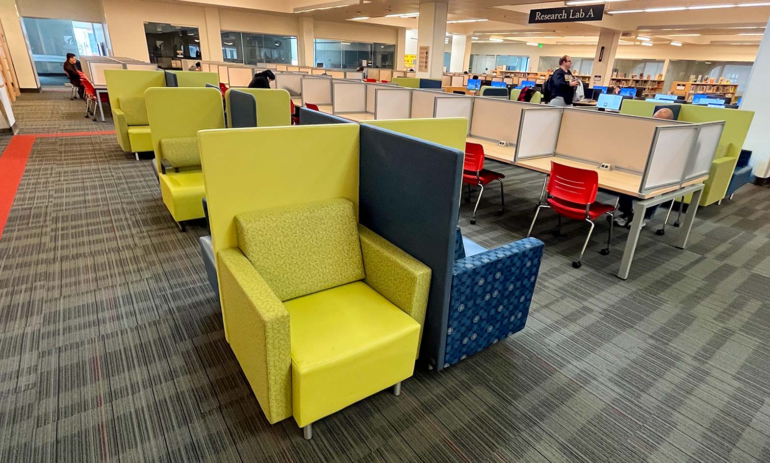Agati's Gee lounge chairs in a pinwheel formation at Las Positas College