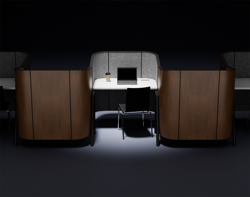Cove study carrels arranged in a serpentine formation