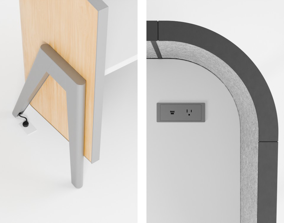 Close up details of the cove study carrel featuring power supply details