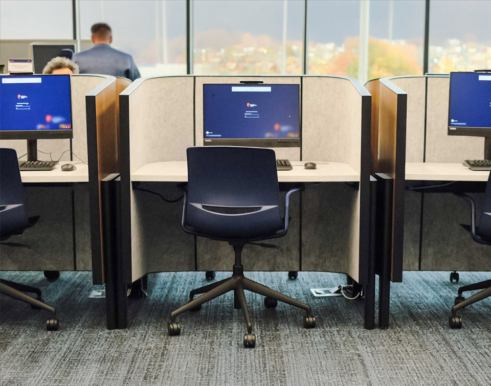 Close up of a computer workstation at Columbus library featuring the Agati Cove Study carrel