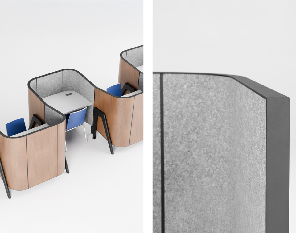Cove study carrels arranged in a serpentine formation with a close up detail of the acoustical panel