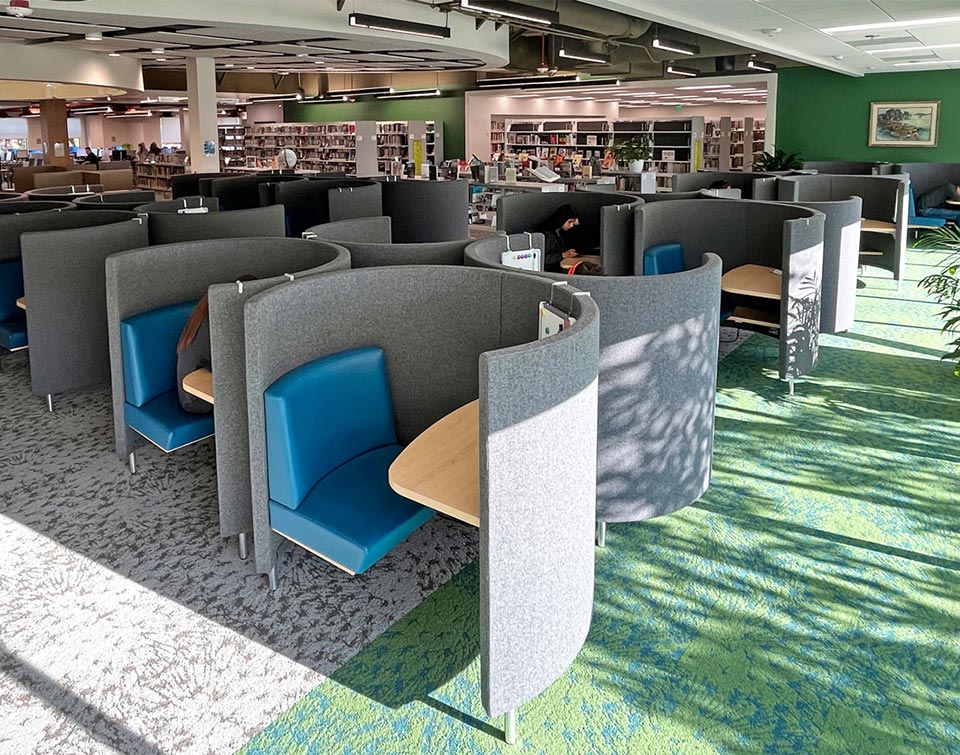 A group of Agati study pods at MiraCosta College's San Elijo campus, used as private study spaces across the college's three libraries