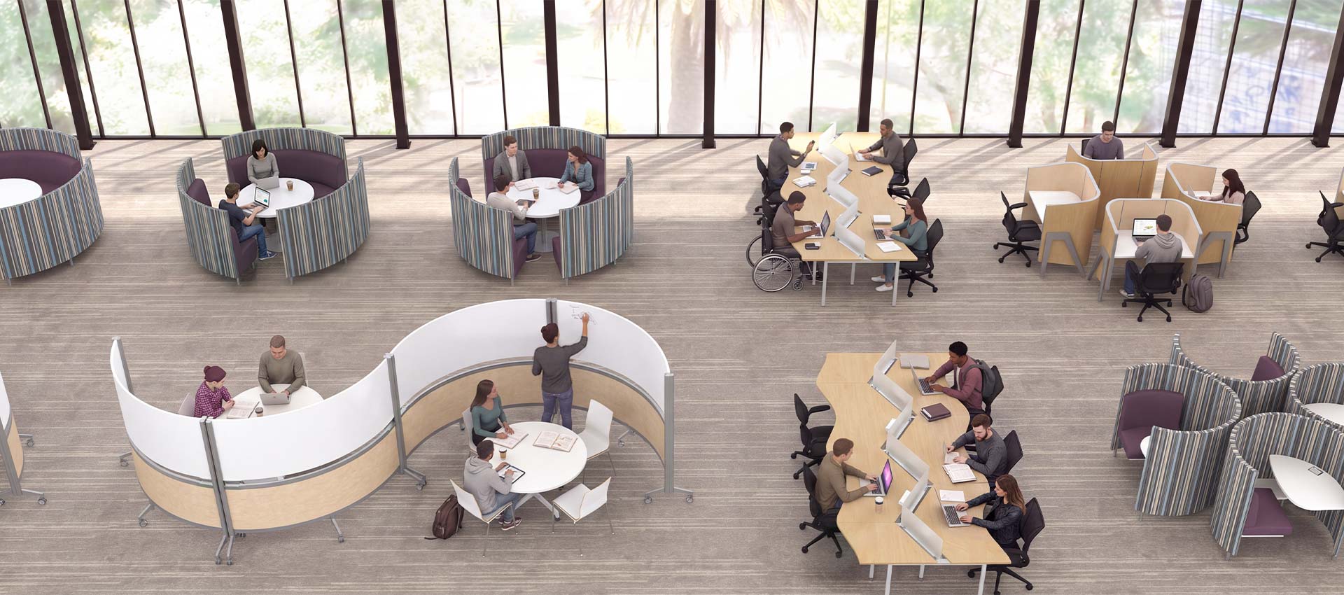 Overhead view of a university learning commons with floor-to-ceiling windows. Students study alone and in groups across upholstered booth enclosures, wood study carrels, benching tables with privacy screens, and a curved movable wall forming a collaboration area.