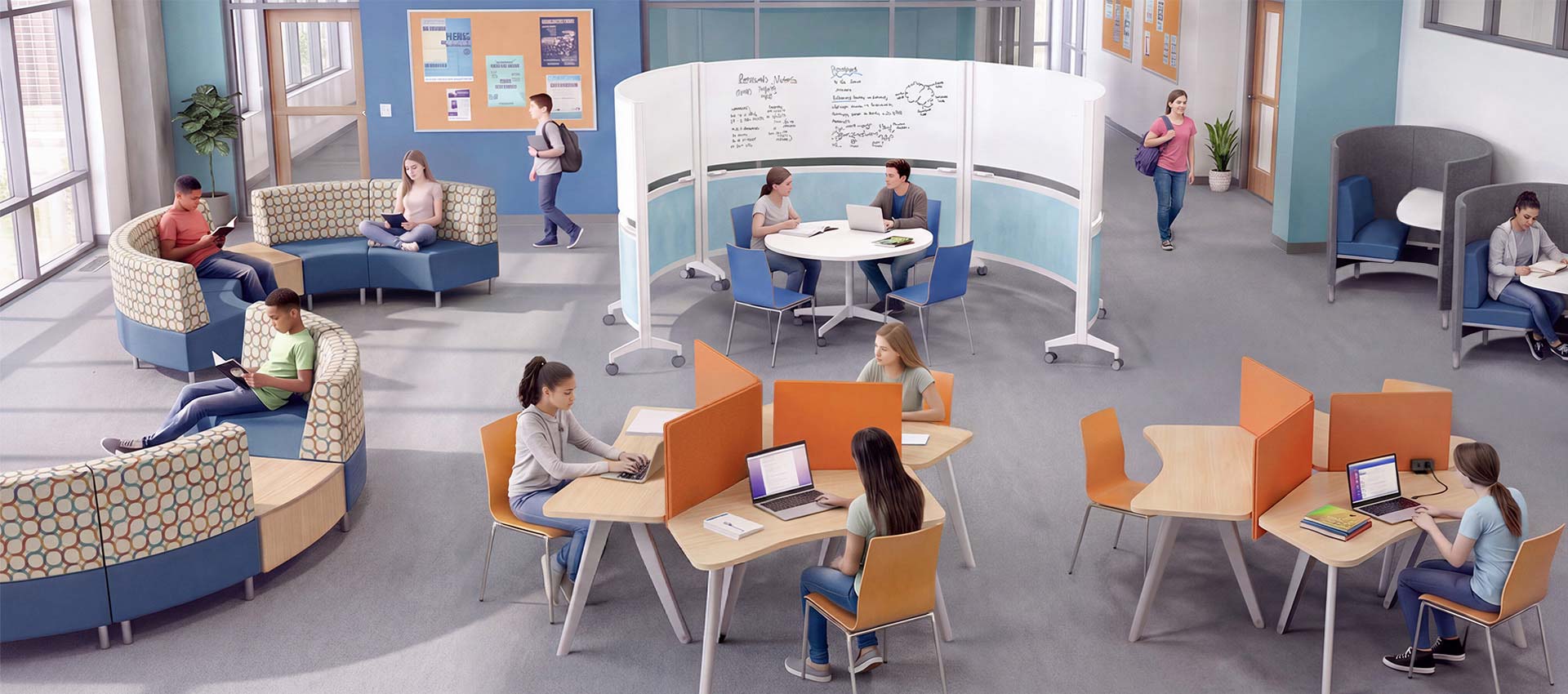 K-12 school library furniture in a flexible learning commons, including curved lounge seating, study tables with privacy screens, and a mobile whiteboard