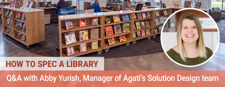 custom library shelving and service desk by agati furniture at a public library with image layover of Agati's Manager of Solution Design team Abby Yurish