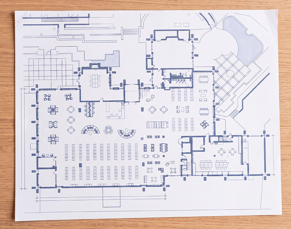 Library design floor plan featuring library furniture placement