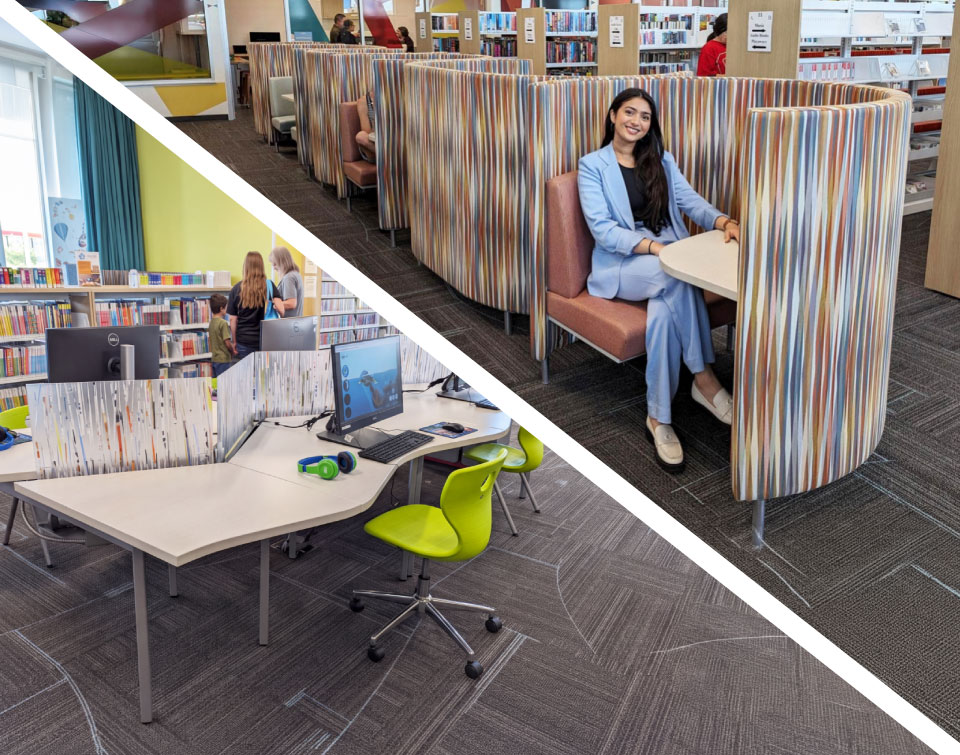 Collage of two photos from a library featuring manifest computer workstations next to pod study carrels in the same library space, showing smart usage of public space in library design