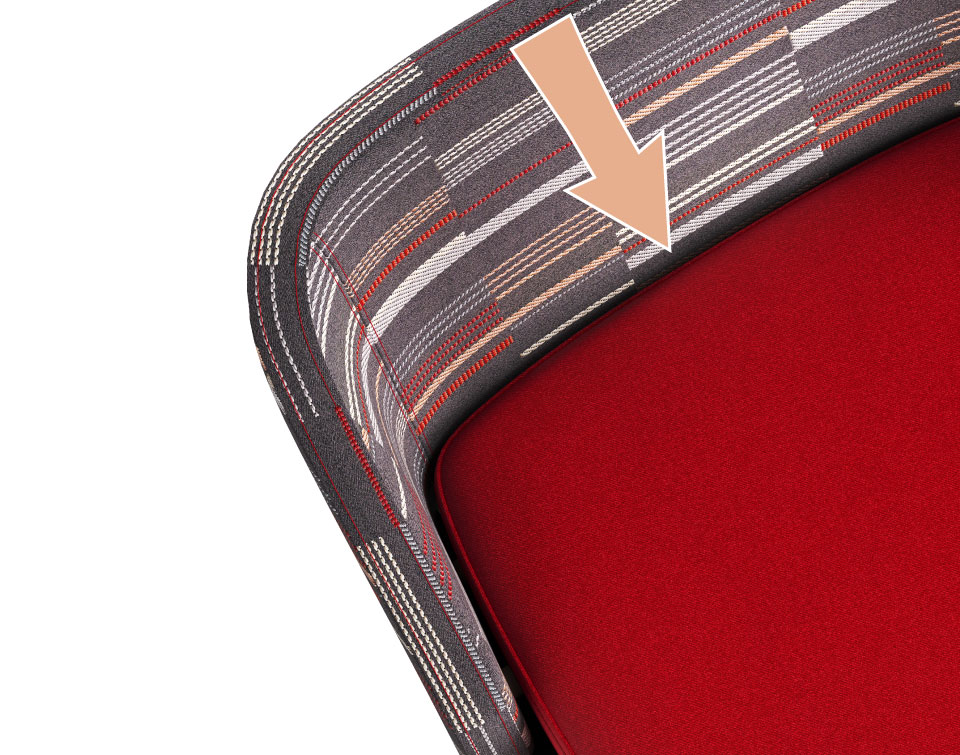 Close up detail photo of the Altezza stool, image shows backrest with pass through gap allowing for easy cleaning.