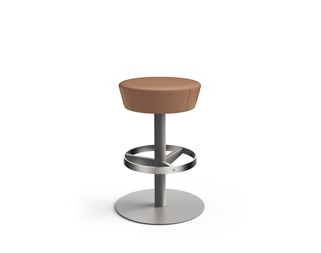 Anello stool with no backrest in brown fabric featuring steel disc base, metal foot-ring rest in silver powder coat finish