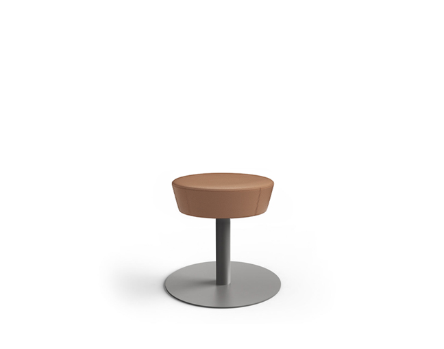 Table height Anello stool with no backrest in brown fabric and silver disc base finish.