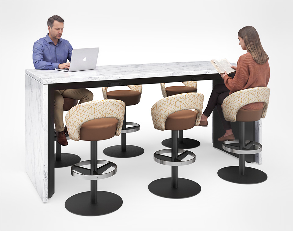 Anello stools around a power bar table with people seated working