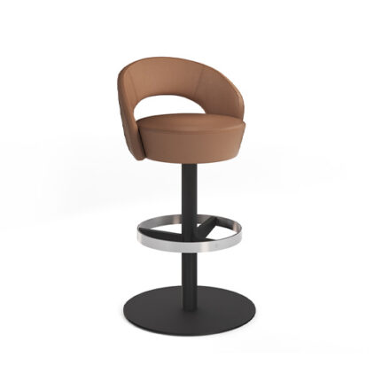 Anello stool with backrest in brown fabric featuring black finish on disc base