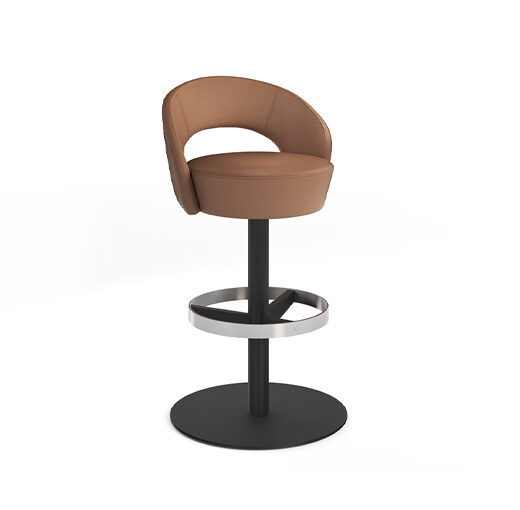 Anello stool with backrest in brown fabric featuring black finish on disc base