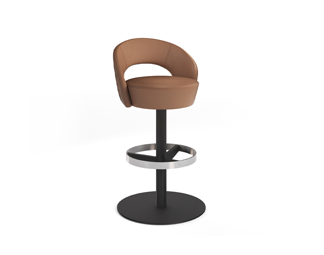 Anello stool with backrest in brown fabric featuring black finish on disc base