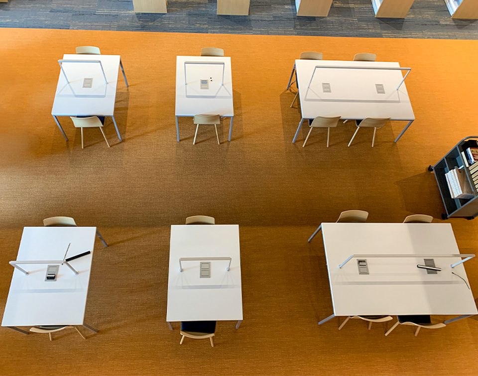A group Roland Tables in different sizes, pictured from above at Atlanta Public Library Fulton Branch